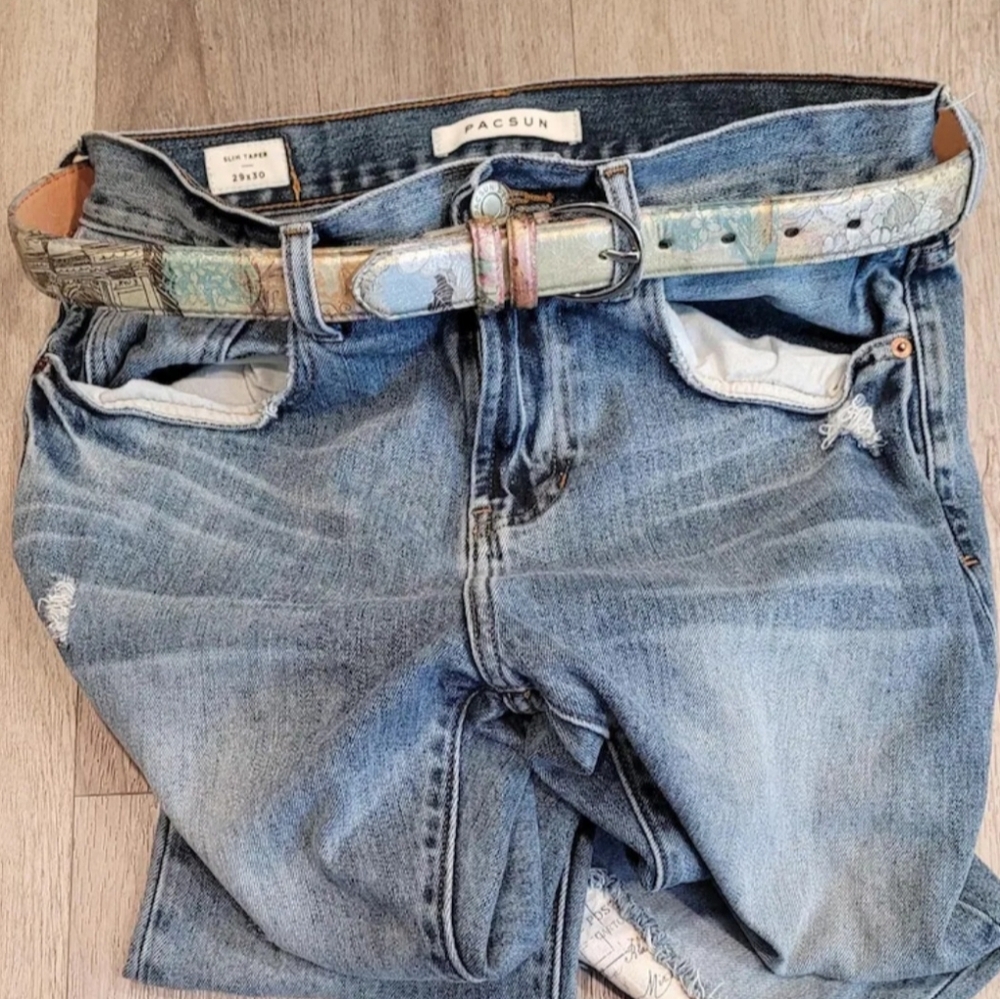 Boho Leather Belt Paris Chic Floral Vintage Artisan Script Gift Rare M Jeans